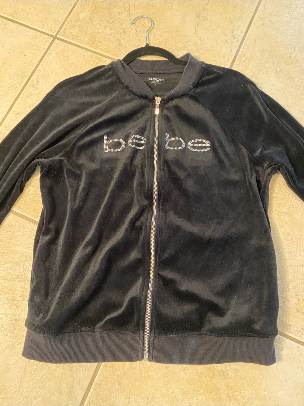 bebe Black Velour Zip-Up Jacket with Rhinestone Logo